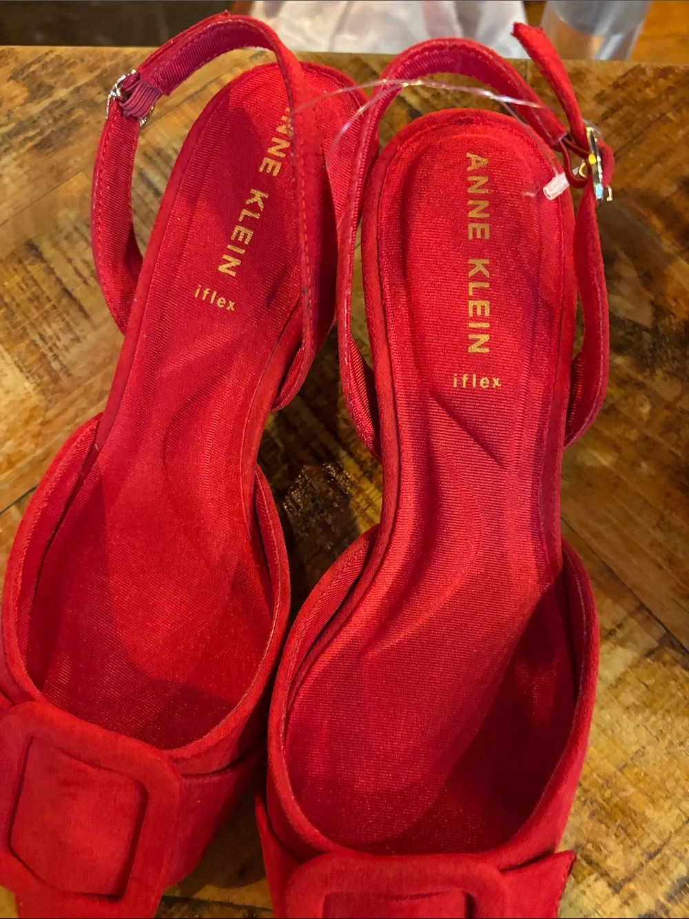 Anne Klein Red Pointed Slingback Heels with Decorative Buckle